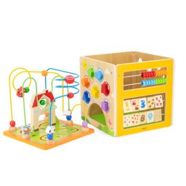 5 in 1 Toy Box - Wooden Puzzle - Beads - Shape Sorting - Number Matching